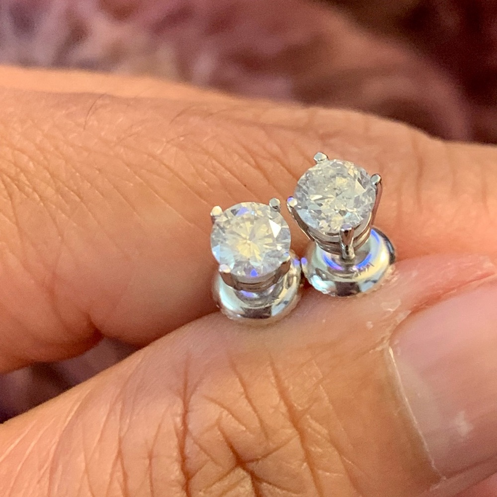 14k WG Round Brilliant Cut Natural Diamond Stud Earrings - Picture 6 of 10